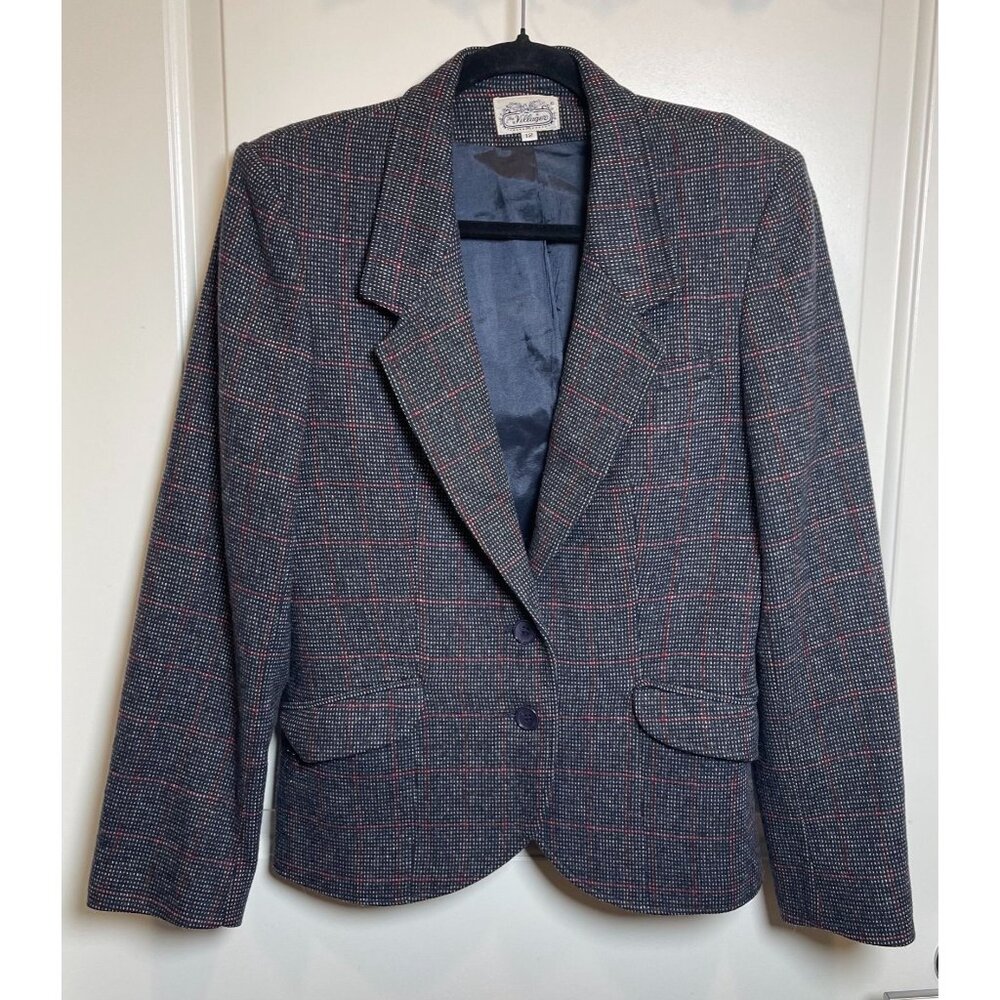 The Villager Womens Gray/Red Plaid Wool Blazer Jacket Sz 12 Classic-Sophisticate